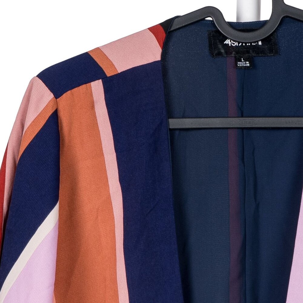 4SI3NNA Wrap Jacket L Womens Tie Striped Blue Orange Pink 3/4 Sleeve Boho - Picture 2 of 7